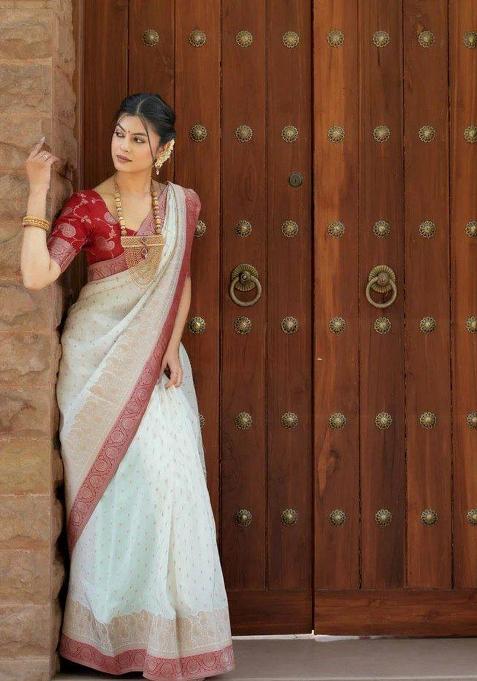 White Jacquard Silk Blend Saree Set