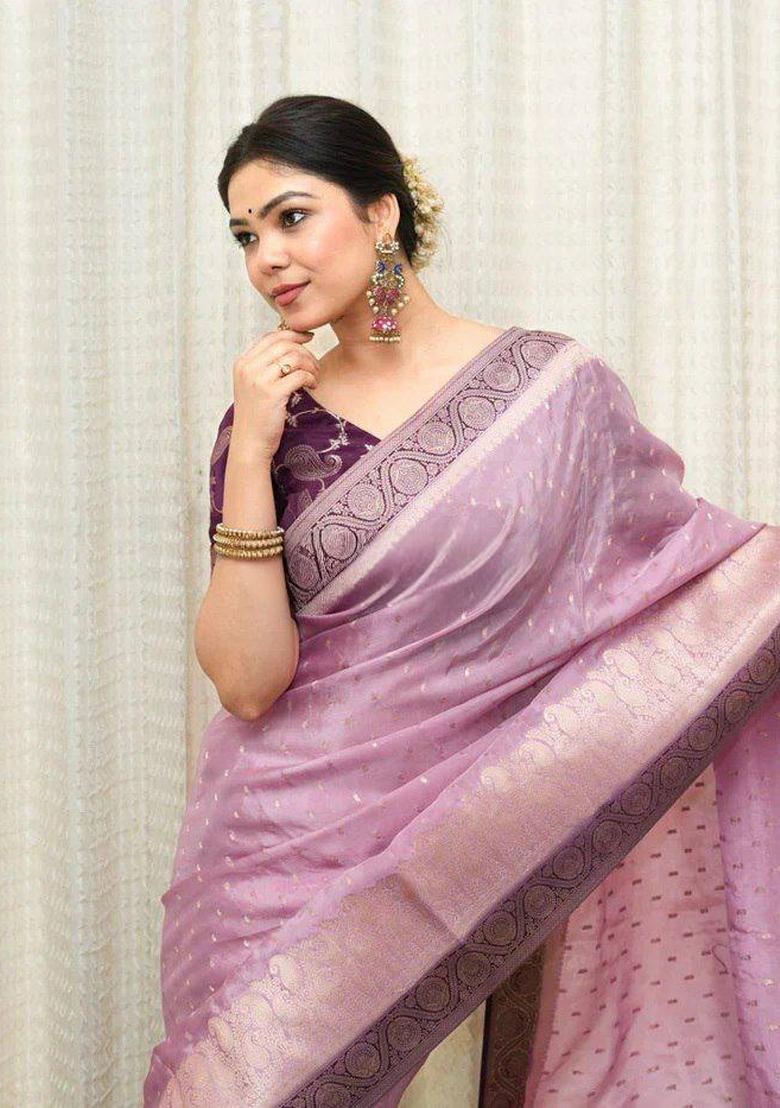 Lavender Jacquard Silk Blend Saree Set - Indya