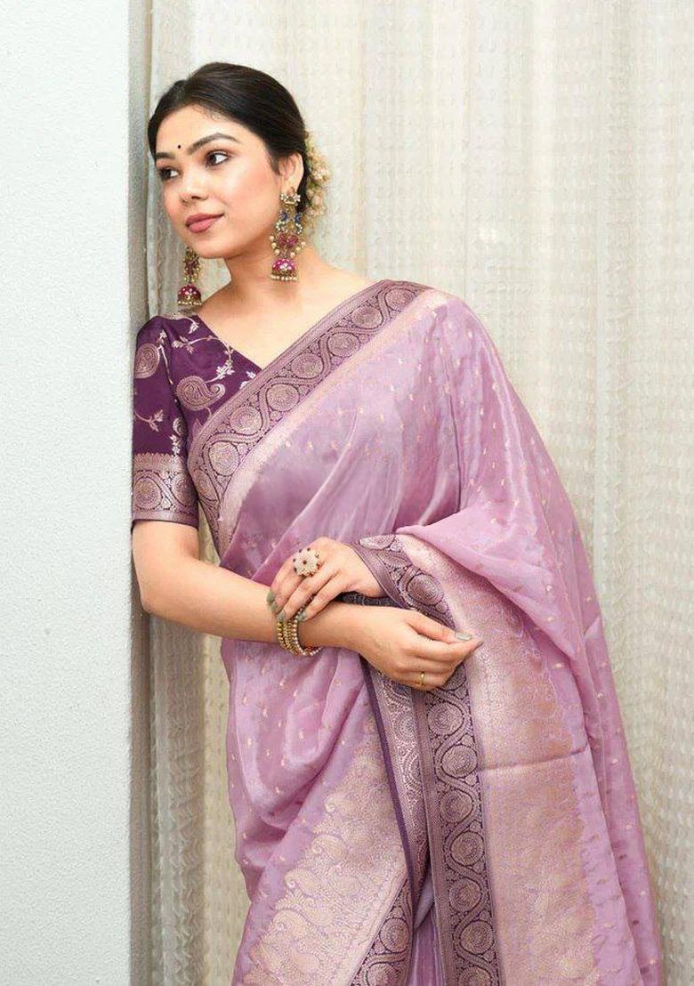 Lavender Jacquard Silk Blend Saree Set - Indya