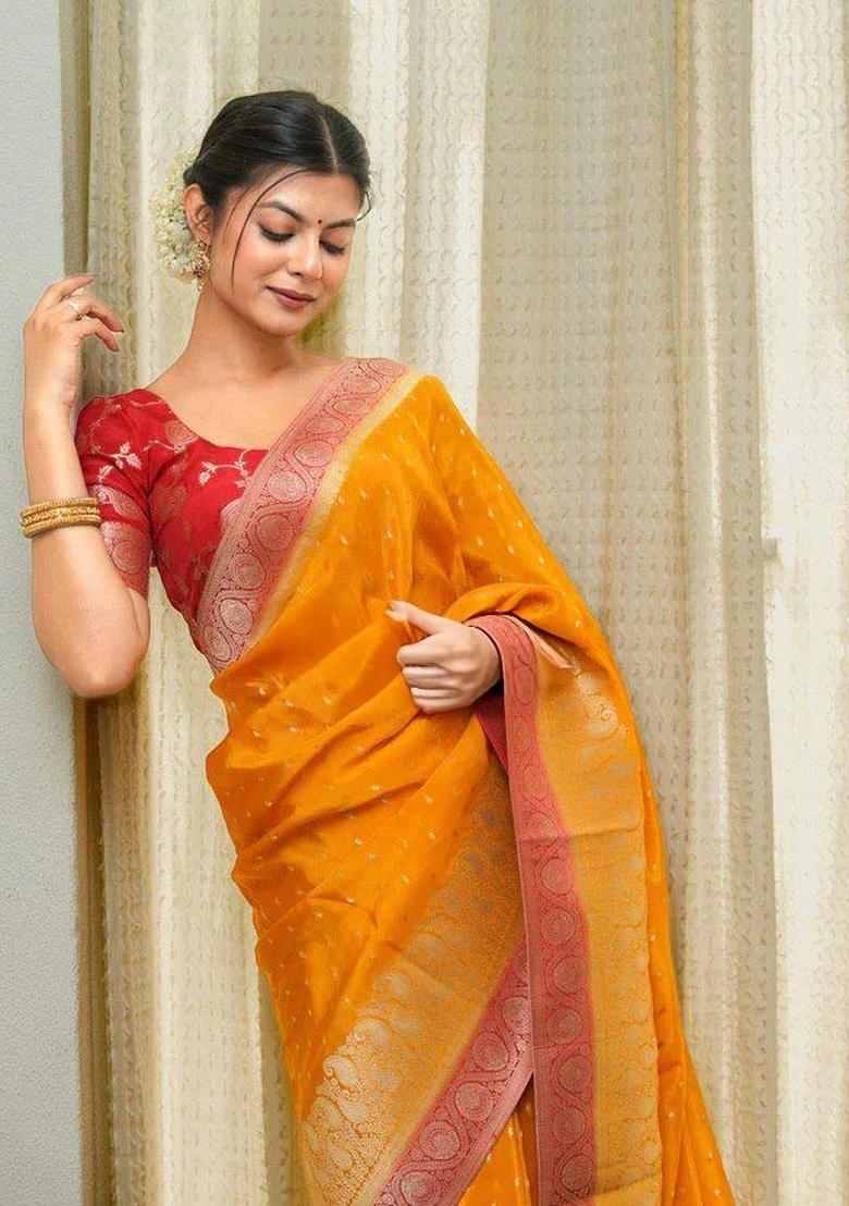 Mustard Jacquard Silk Blend Saree Set - Indya