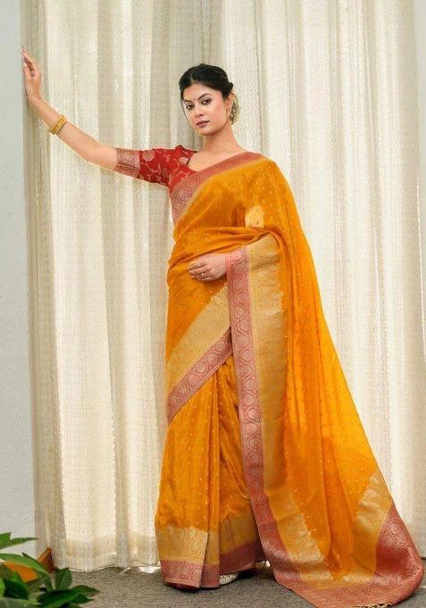 Mustard Jacquard Silk Blend Saree Set