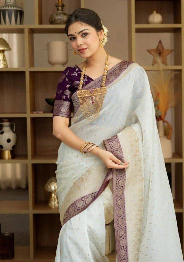 Off White Jacquard Silk Blend Saree Set - Indya