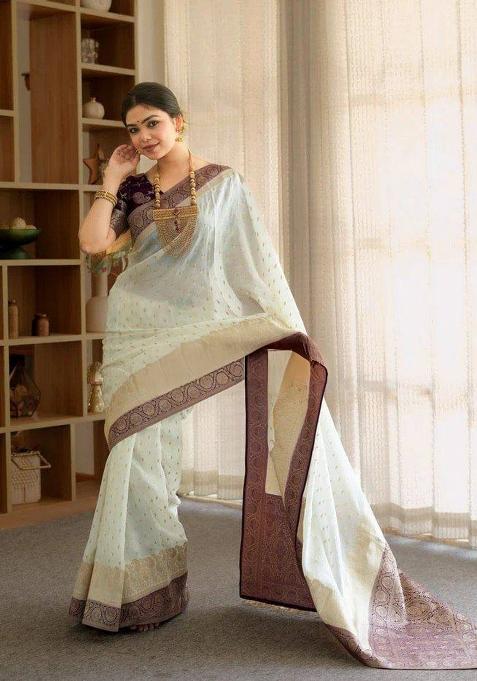 Off White Jacquard Silk Blend Saree Set