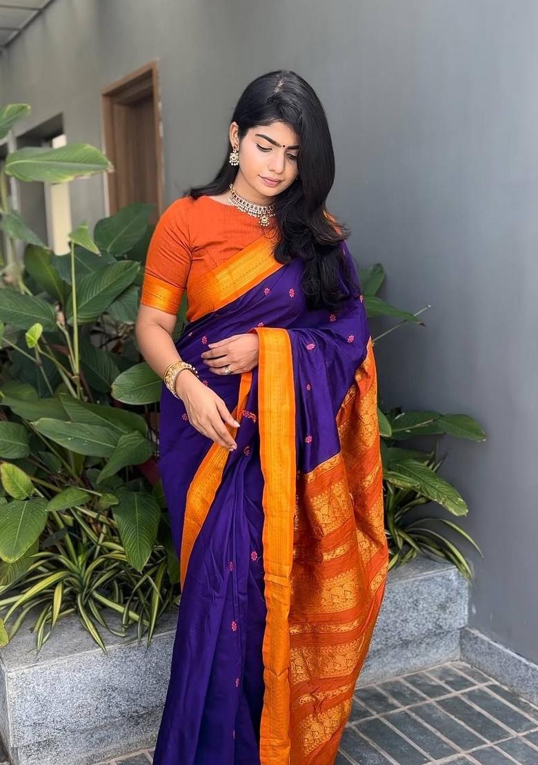 Royal Blue Jacquard Silk Blend Saree Set - Indya