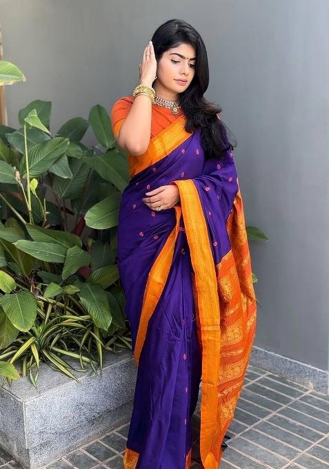 Royal Blue Jacquard Silk Blend Saree Set