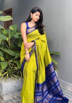 Lime Yellow Jacquard Silk Blend Saree Set