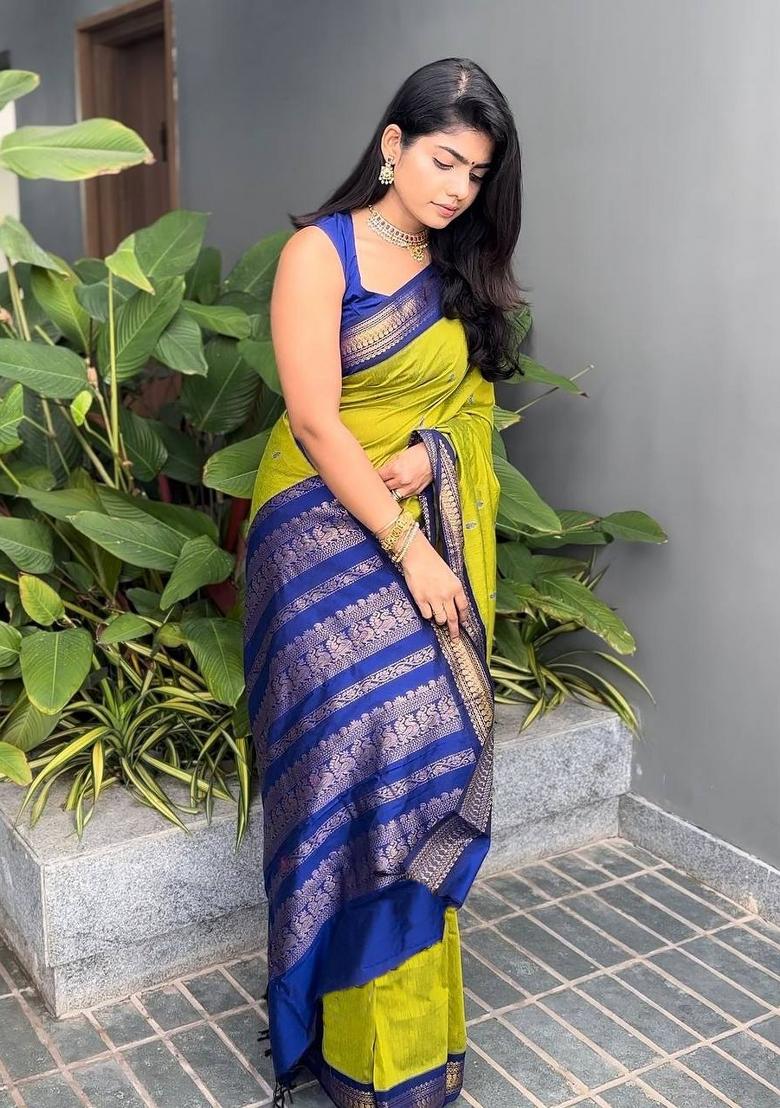 Lime Yellow Jacquard Silk Blend Saree Set - Indya