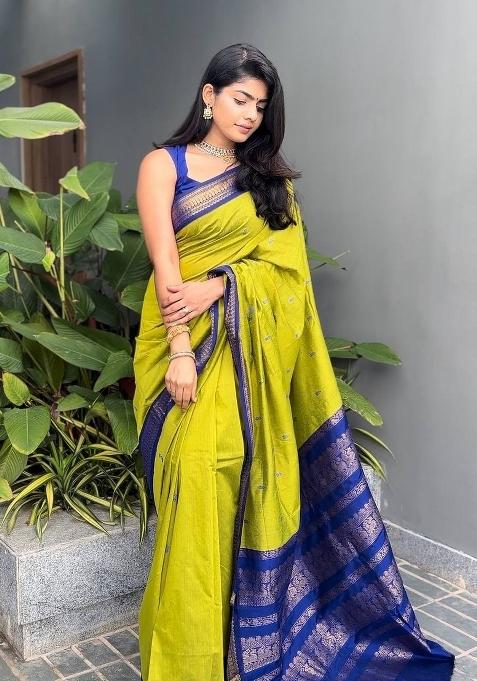 Lime Yellow Jacquard Silk Blend Saree Set
