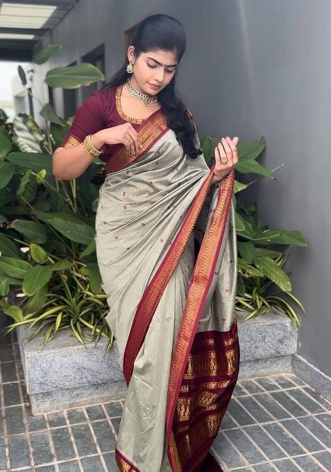 Grey Jacquard Silk Blend Saree Set