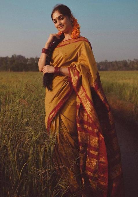 Mustard Jacquard Silk Saree Set