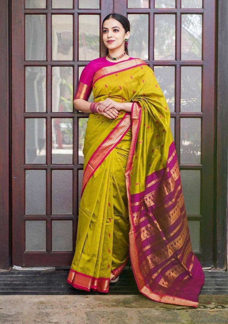 Lime Yellow Jacquard Silk Blend Saree Set - Indya