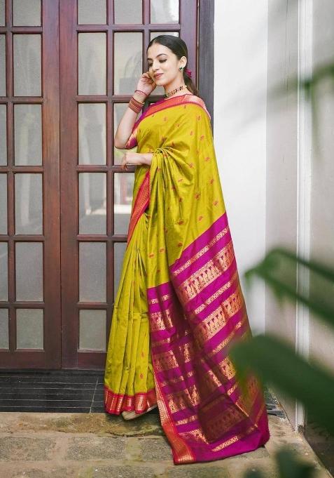 Lime Yellow Jacquard Silk Blend Saree Set