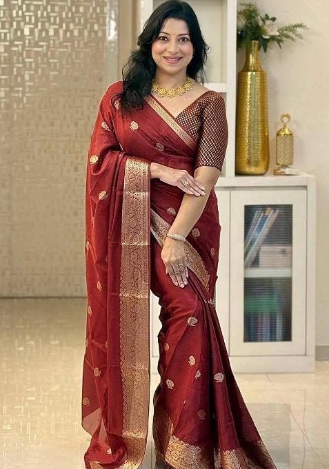 Maroon Jacquard Silk Blend Saree Set