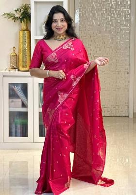 Pink Jacquard Silk Blend Saree Set
