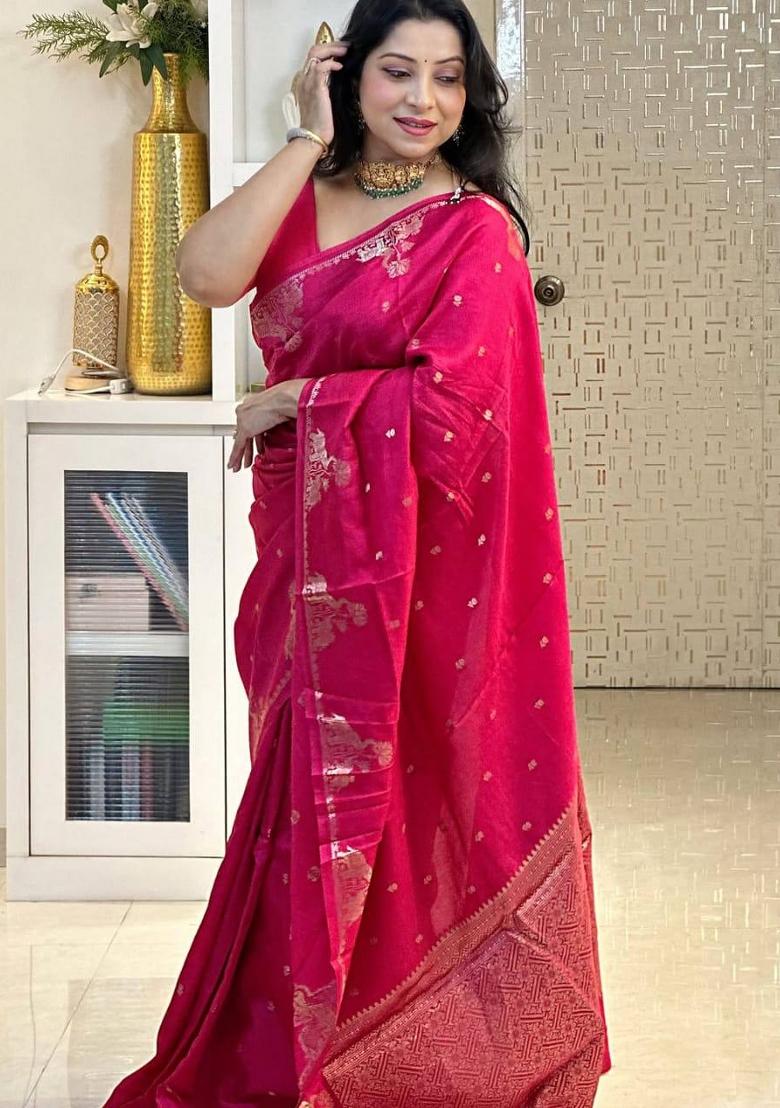 Pink Jacquard Silk Blend Saree Set - Indya