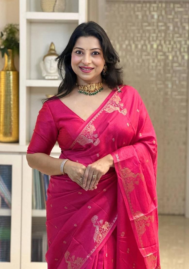 Pink Jacquard Silk Blend Saree Set - Indya