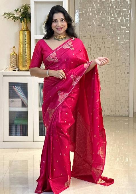 Pink Jacquard Silk Blend Saree Set