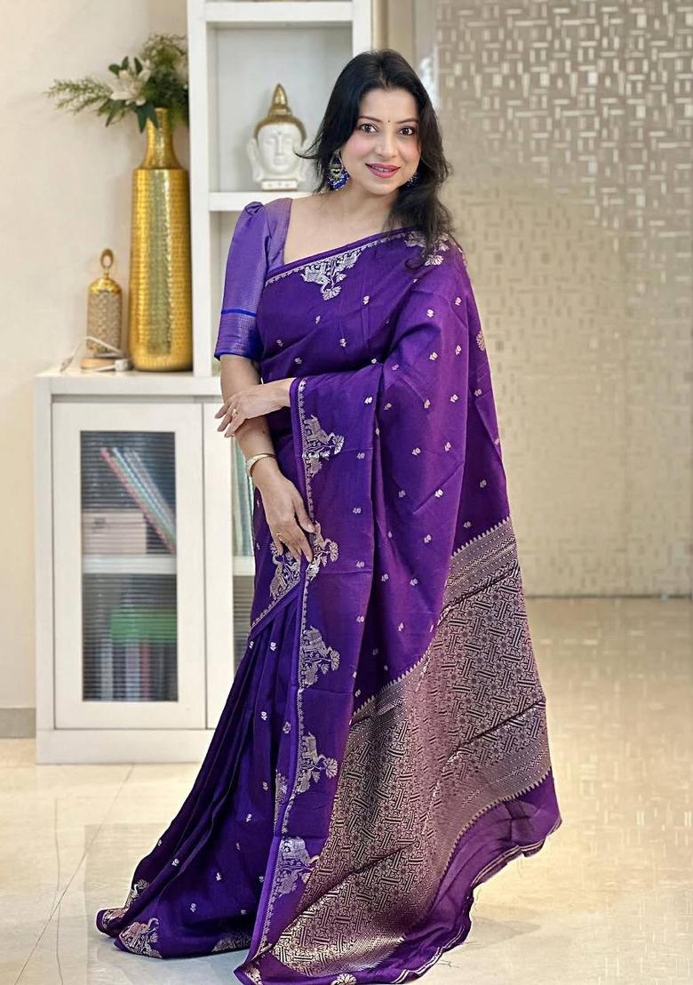 Purple Jacquard Silk Blend Saree Set - Indya