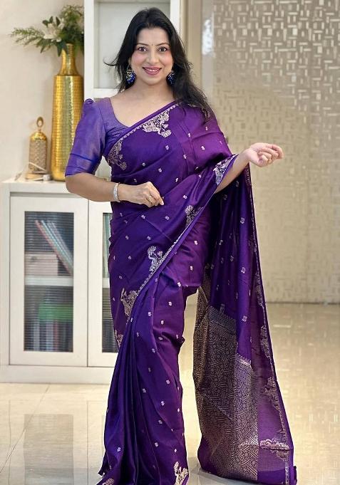Purple Jacquard Silk Saree Set