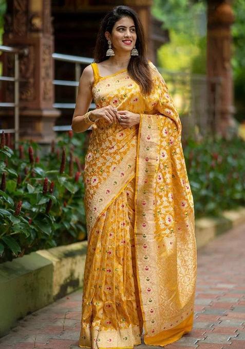 Mustard Jacquard Silk Saree Set