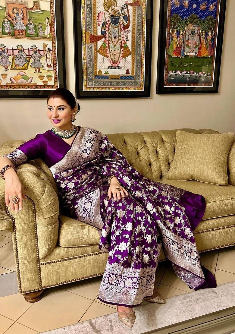 Purple Jacquard Silk Blend Saree Set - Indya
