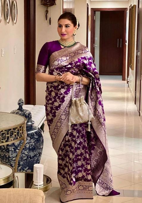 Purple Jacquard Silk Saree Set
