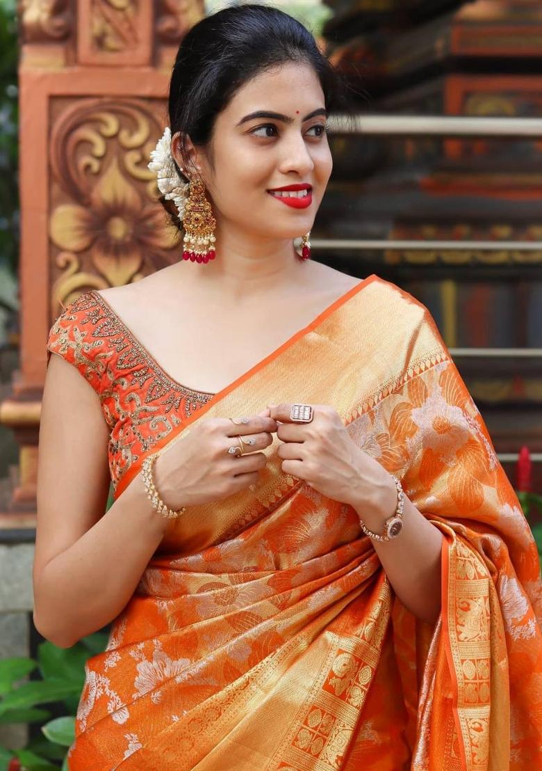 Orange Jacquard Silk Blend Saree Set - Indya