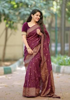 Magenta Jacquard Silk Blend Saree Set