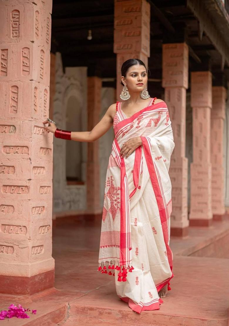 White Jacquard Linen Saree Set - Indya