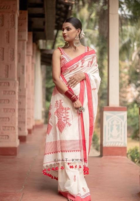 White Jacquard Linen Saree Set