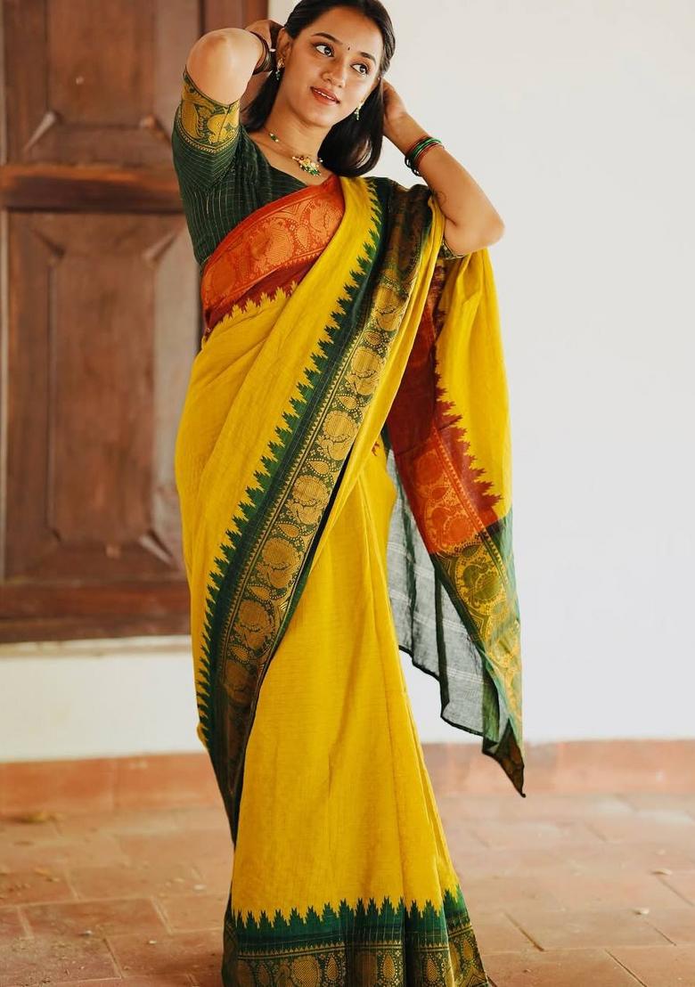 Yellow Jacquard Silk Blend Saree Set - Indya