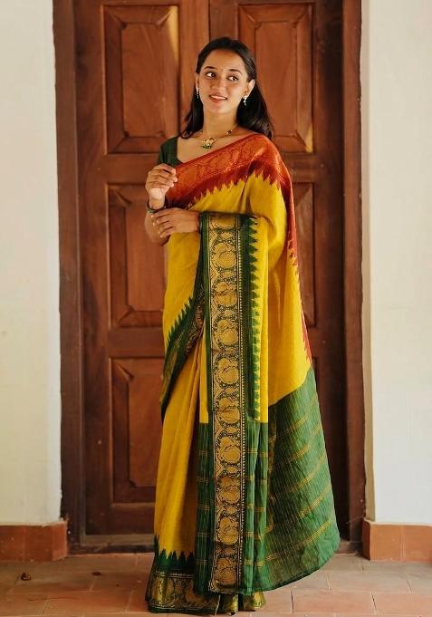 Yellow Jacquard Silk Blend Saree Set