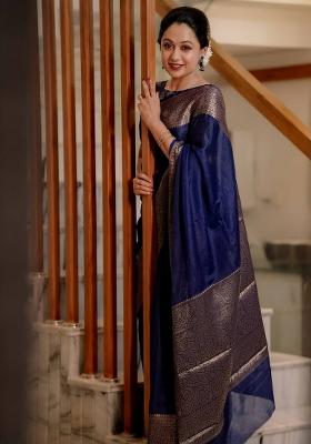 Blue Jacquard Silk Blend Saree Set