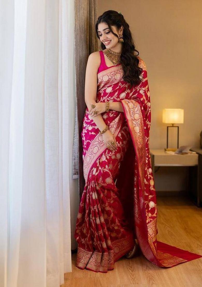 Pink Jacquard Silk Blend Saree Set - Indya