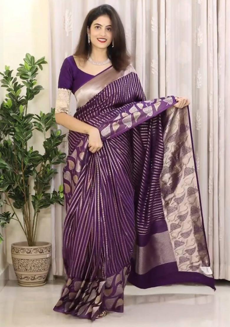 Wine Jacquard Silk Blend Saree Set - Indya
