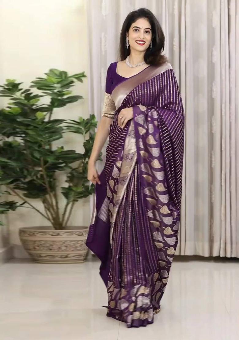 Wine Jacquard Silk Blend Saree Set - Indya
