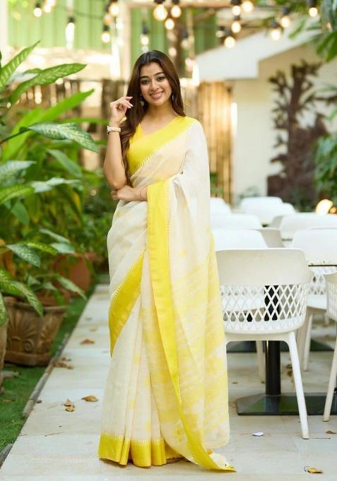 Off White Jacquard Linen Saree Set