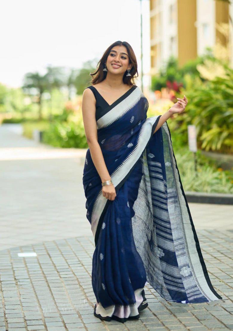 Blue Jacquard Linen Saree Set - Indya
