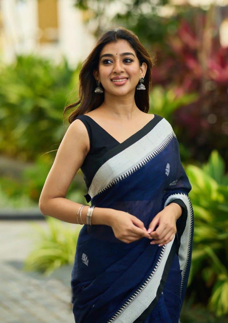 Blue Jacquard Linen Saree Set - Indya