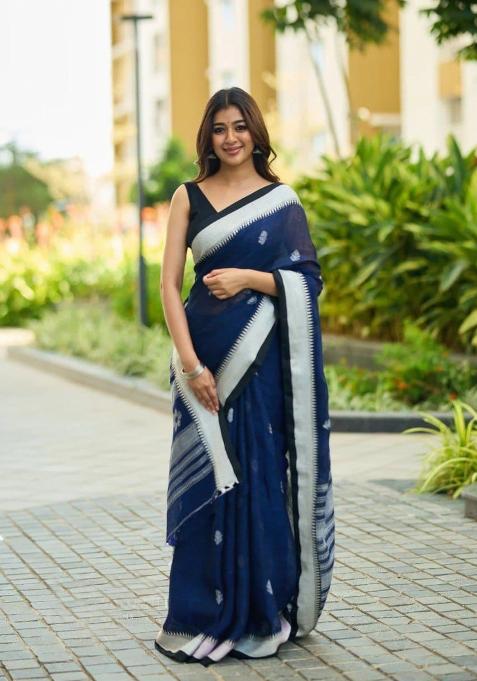 Blue Jacquard Linen Saree Set