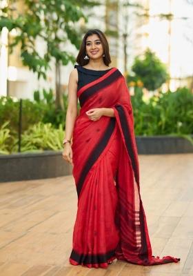 Red Jacquard Linen Saree Set