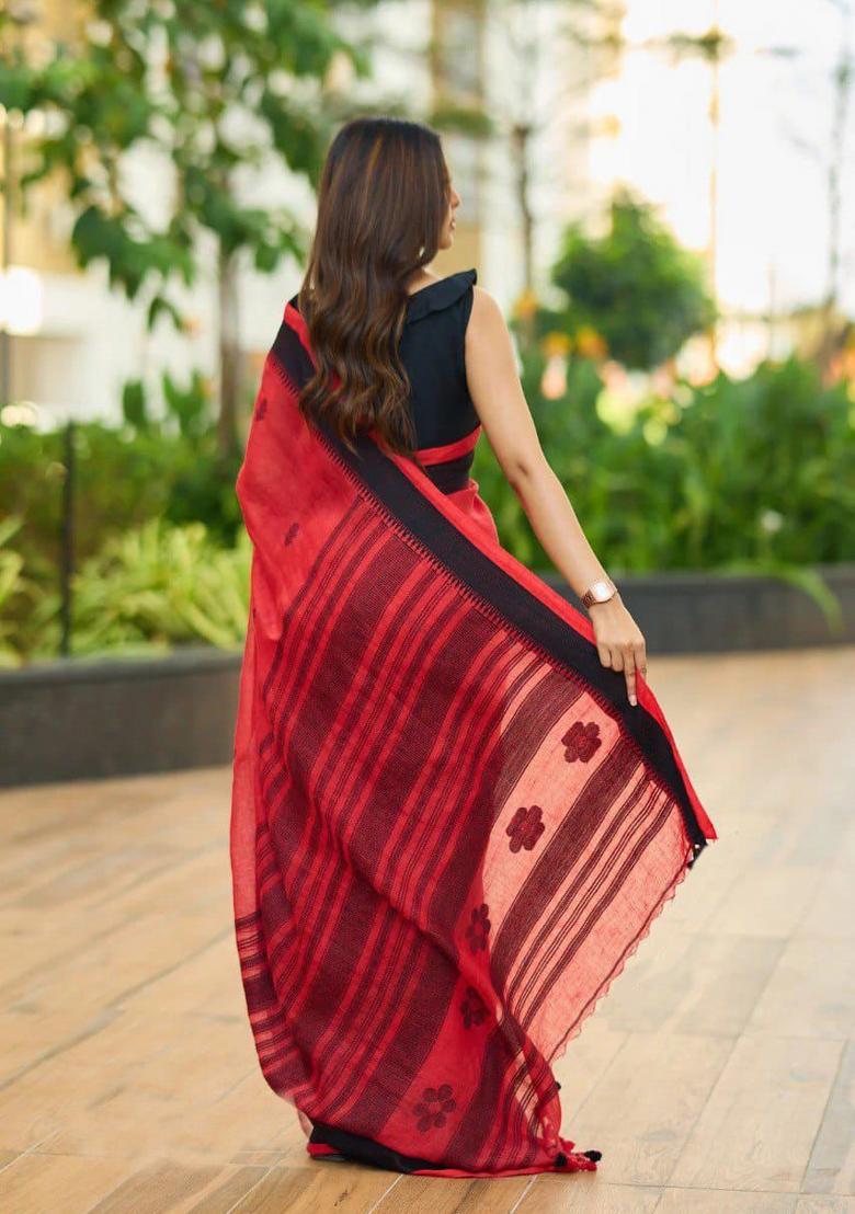 Red Jacquard Linen Saree Set - Indya