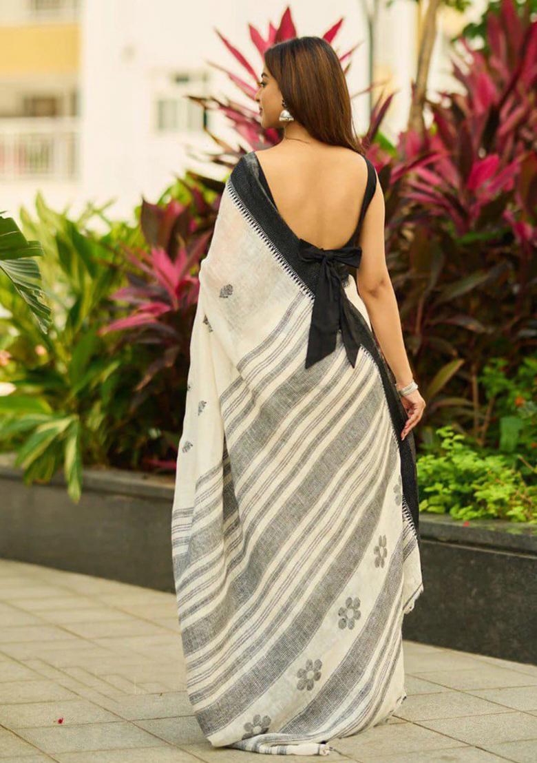 Off White Jacquard Linen Saree Set - Indya
