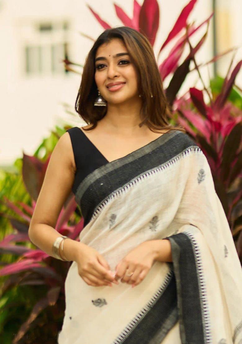 Off White Jacquard Linen Saree Set - Indya