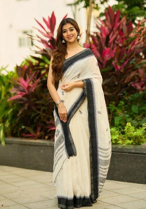 Off White Jacquard Linen Saree Set