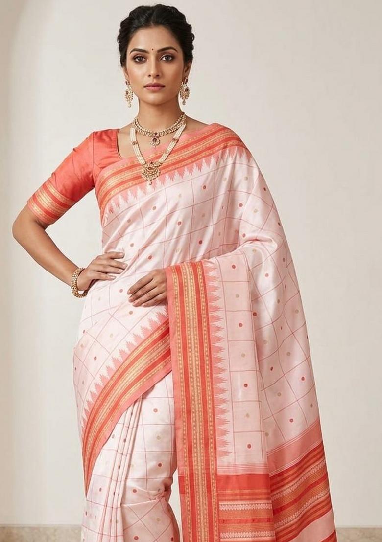Light Pink Jacquard Silk Blend Saree Set - Indya