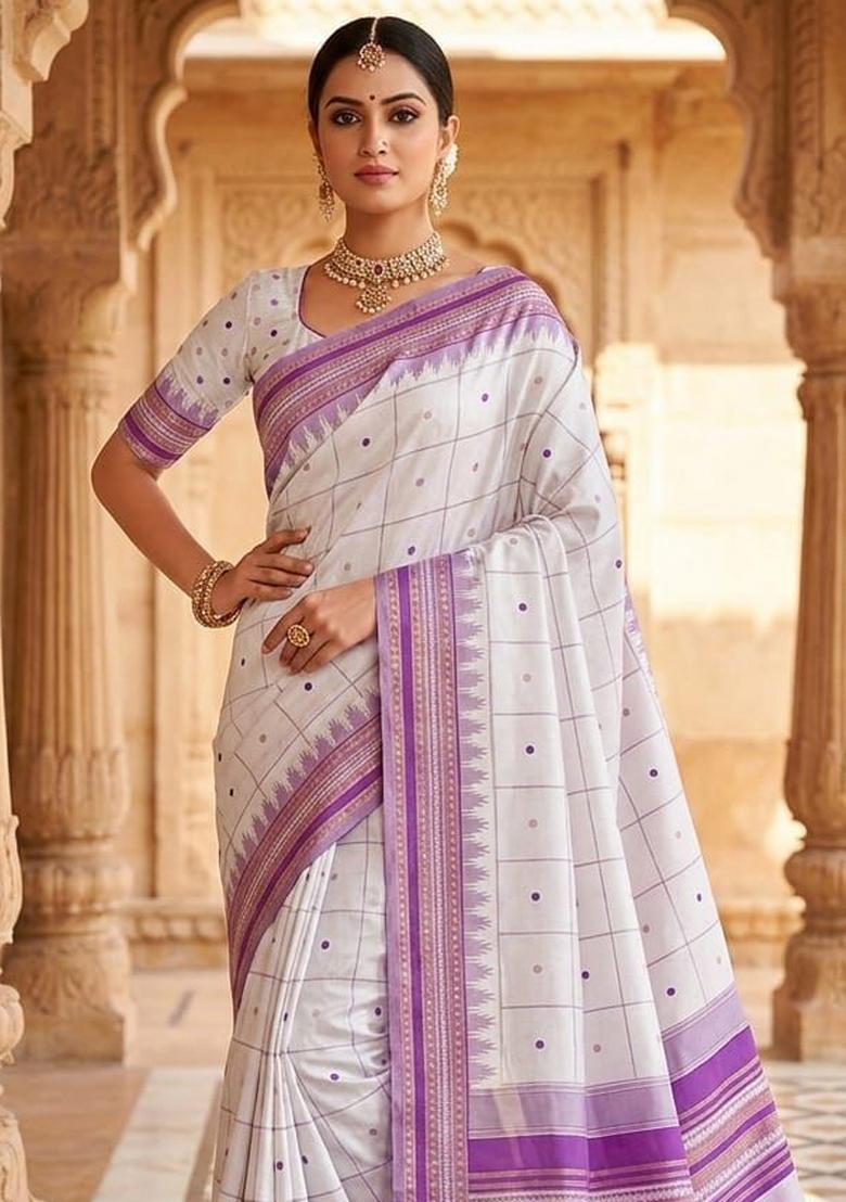 White Jacquard Silk Blend Saree Set - Indya