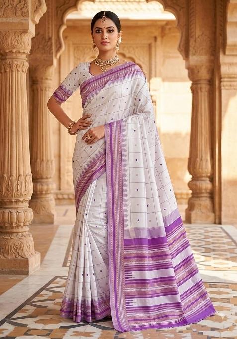 White Jacquard Silk Blend Saree Set