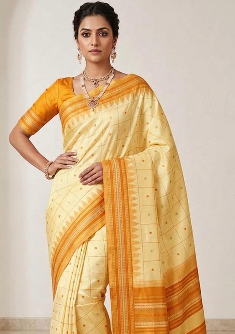 Yellow Jacquard Silk Blend Saree Set - Indya