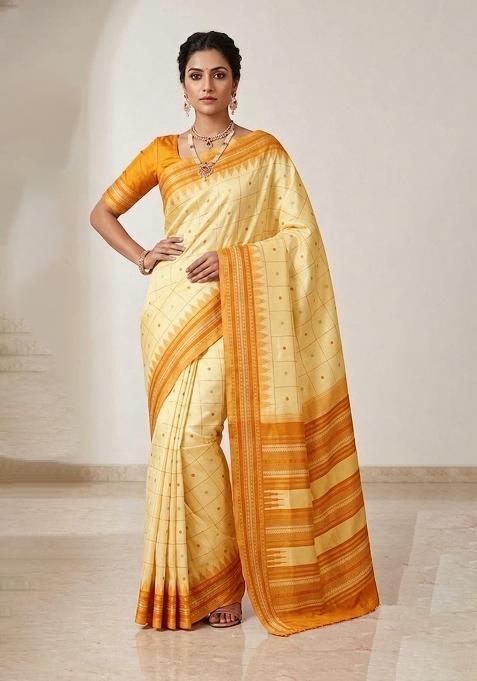 Yellow Jacquard Silk Saree Set